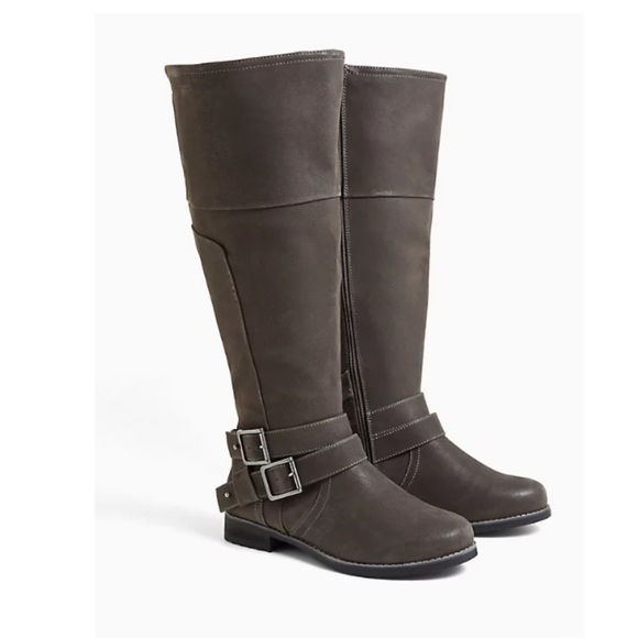 torrid Shoes - GREY OILED FAUX SUEDE DOUBLE BUCKLE KNEE-HIGH BOOT